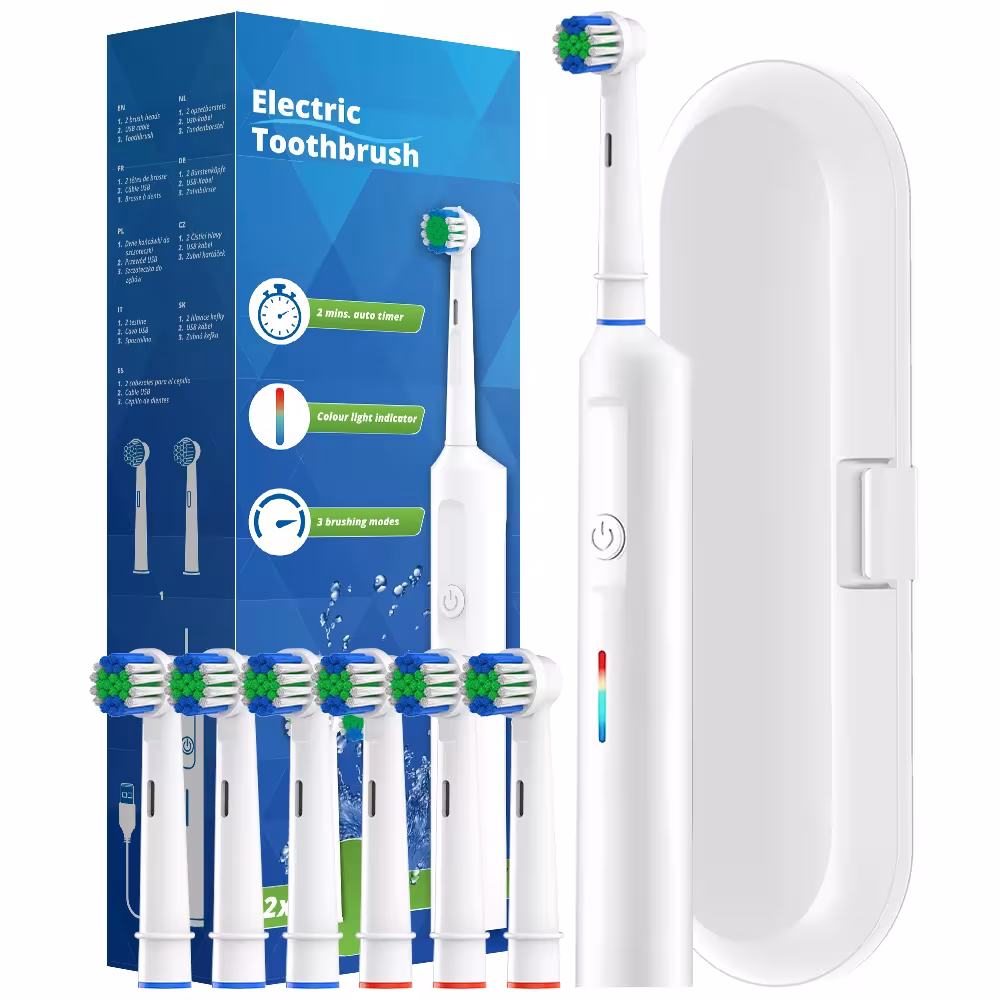 Cepillo de dientes eléctrico giratorio inteligente con 6 cabezales y carga USB-C