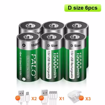 Batterie rechargeable originale PALO 1.5V Type-C USB de taille D (R20 LR20) pour radiateurs et appareils ménagers.