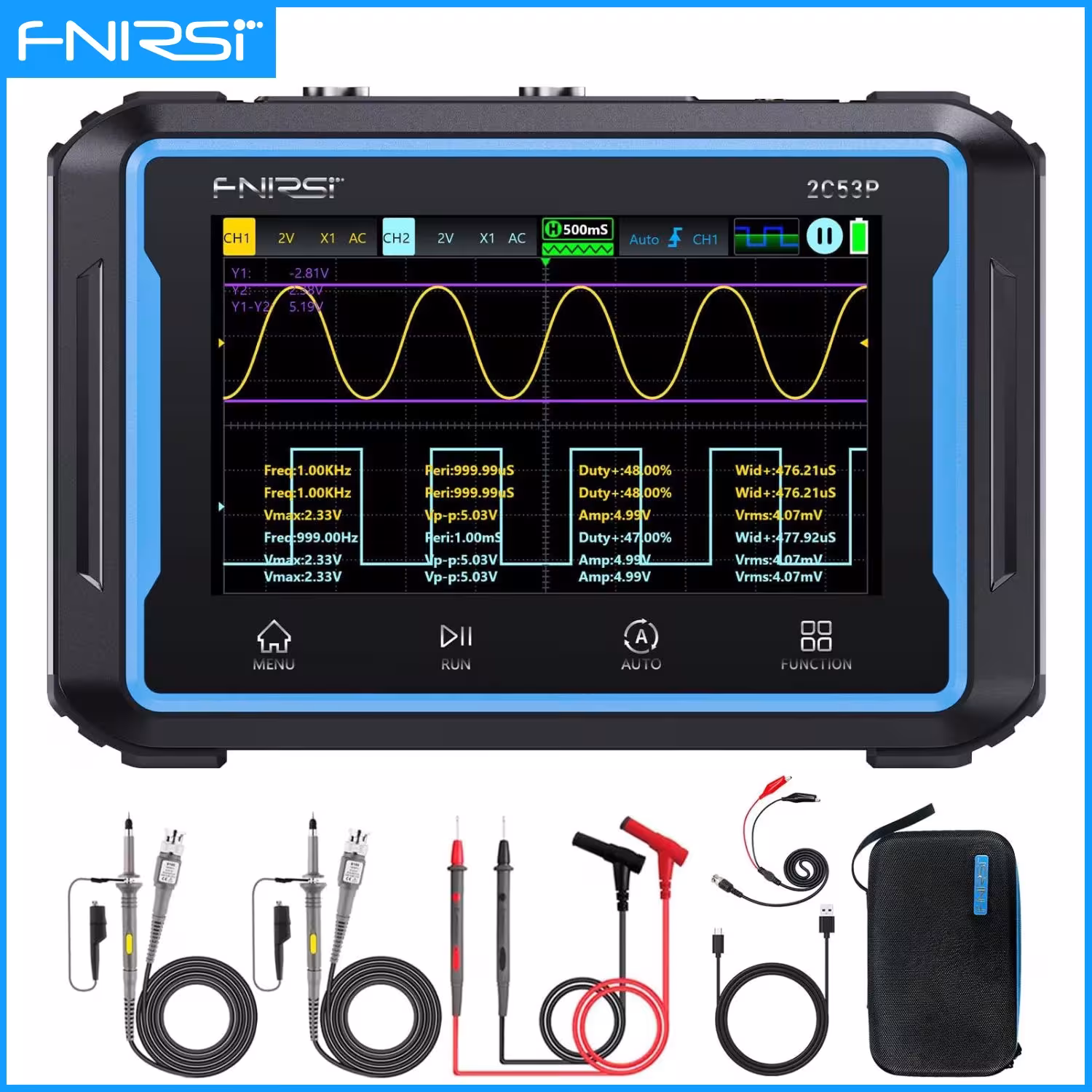FNIRSI 2C53P Touch Screen Digital Oscilloscope Multimeter Signal Generator 3 in 1 50MHz Double Channel