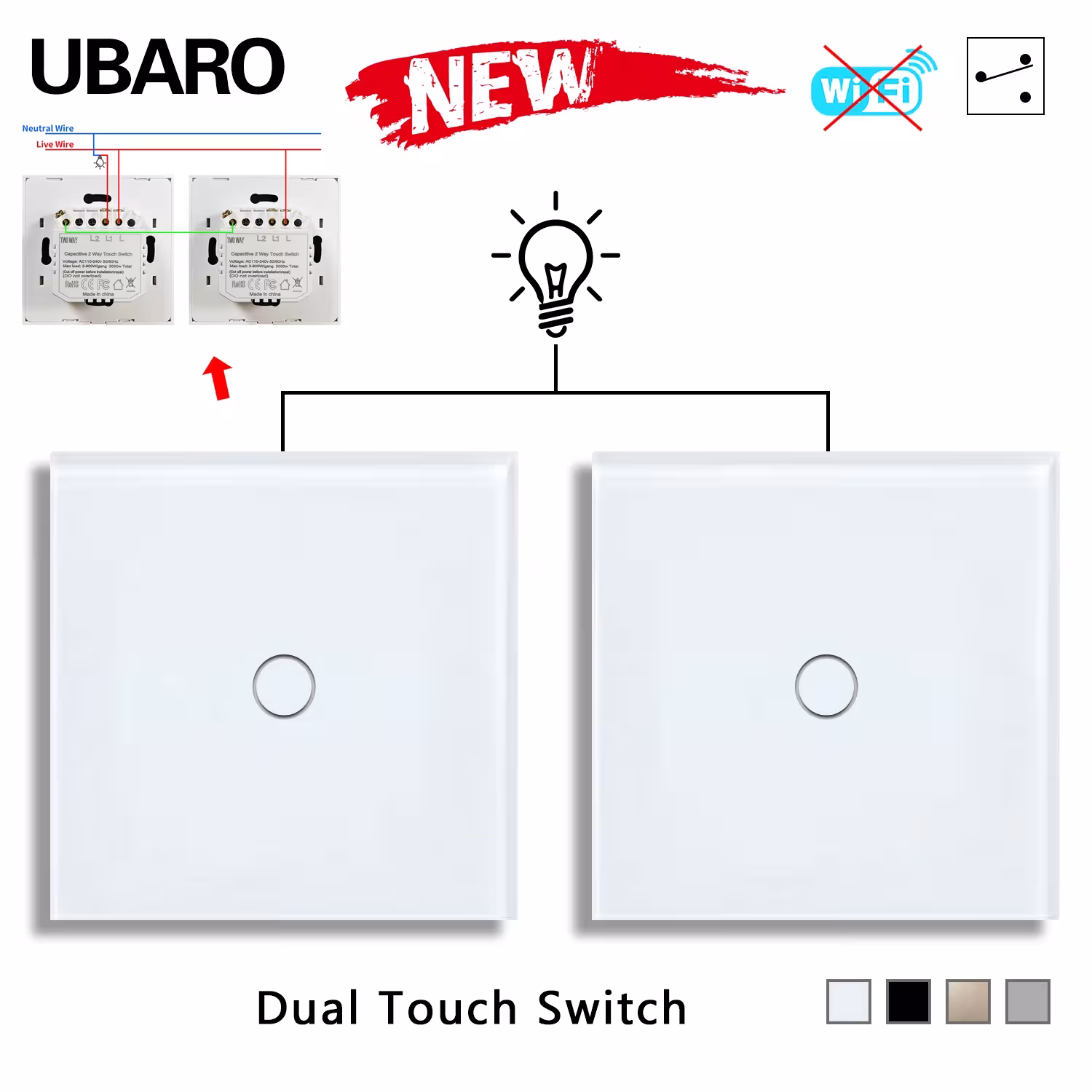 UBARO Eu/UK 86*86mm 1Gang 2Way Dual Touch Switch Tempered Glass Panel Stair Switch Bedroom Sensor Switches Cross No Need WI-FI 2