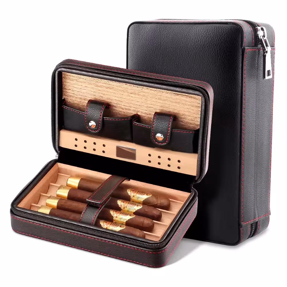 GALINER Cigar Humidor Case Charuto Cedar Wood Leather Travel Humidifier Set Gift Box