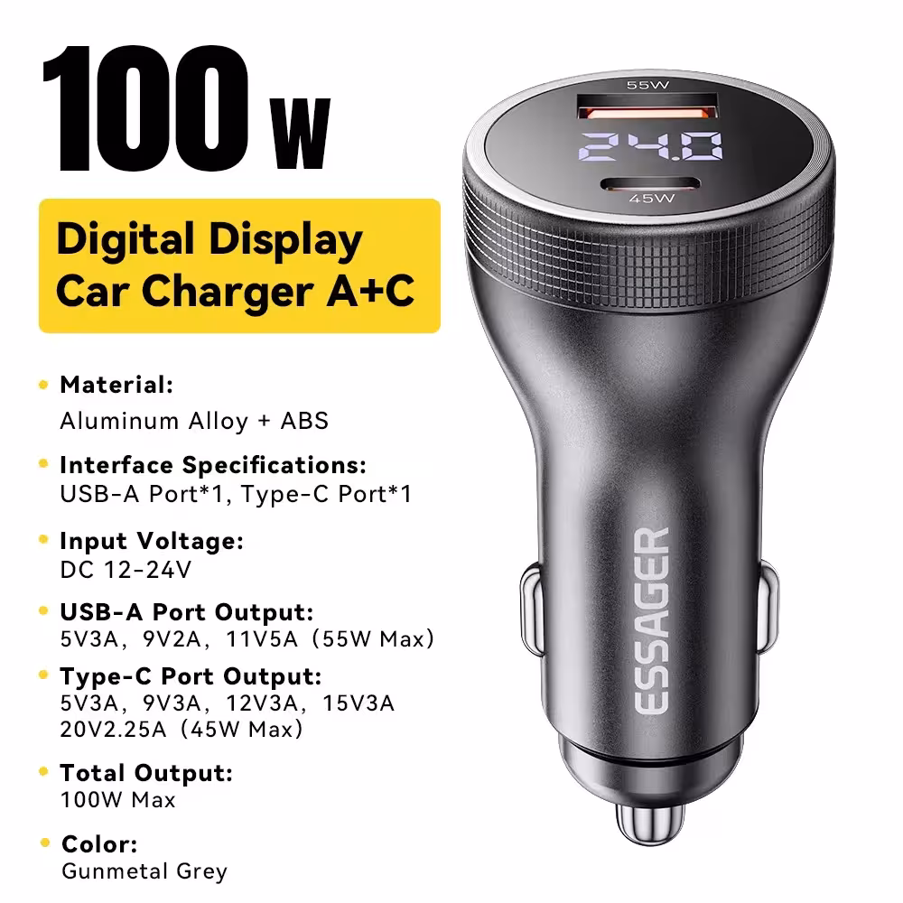 Chargeur de voiture rapide Essager 100W USB C PD 45W pour iPhone 15 Pro