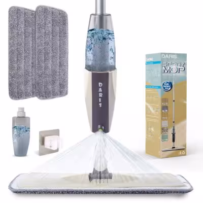 Fregona pulverizadora con mango de cuchillo y rollos de microfibra giratorios de 360 grados.