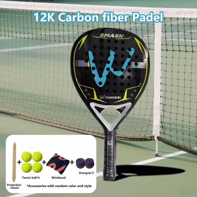 Raqueta de tenis de fibra de carbono 12K con acolchado de espuma EVA.