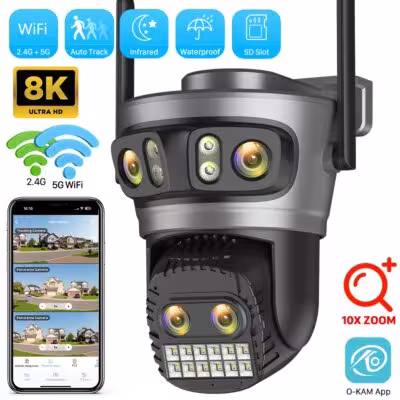 20MP 8K WiFi camera for outdoor surveillance with 10X zoom and four lenses