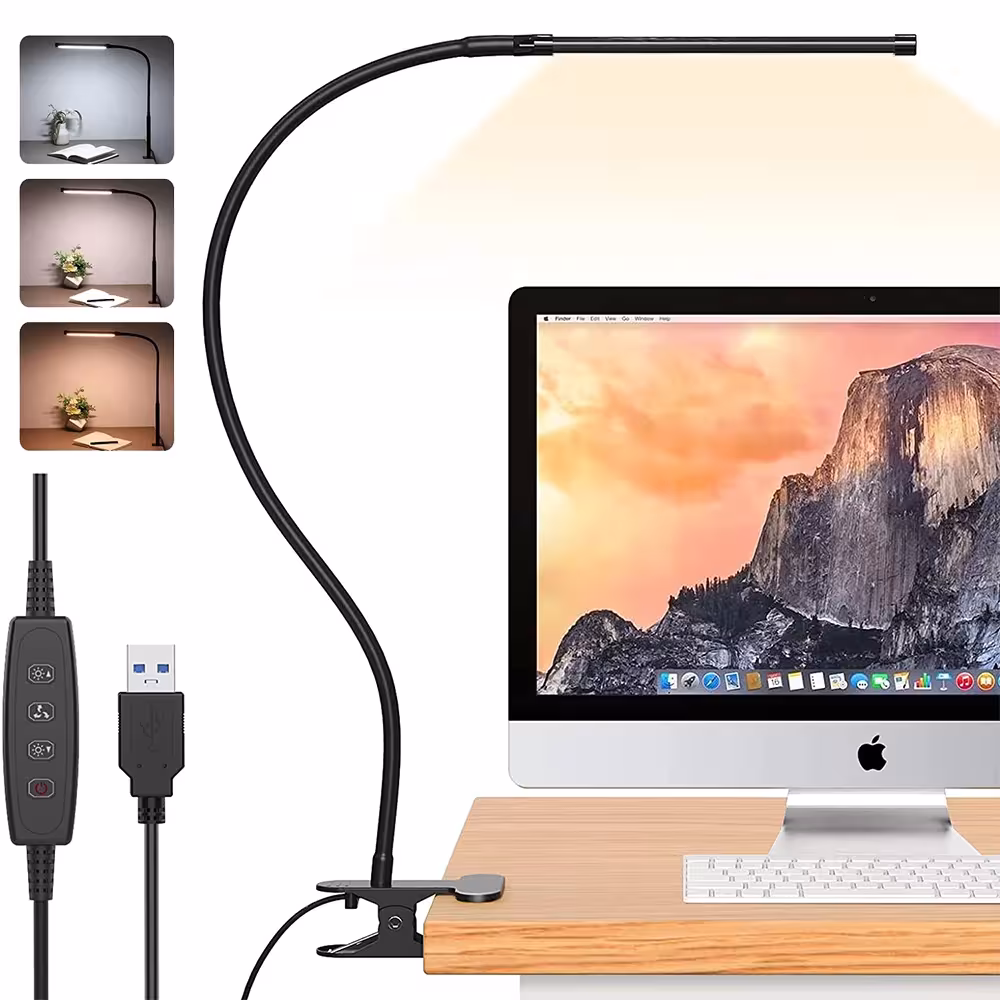 10W LED desk lamp with clip for bright reading 10 brightness levels 3 modes USB