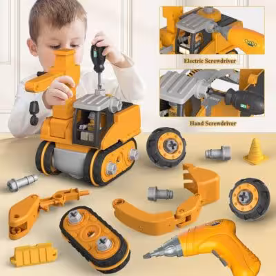 Children's engineering construction set with electric drill - a vehicle assembly educational toy set