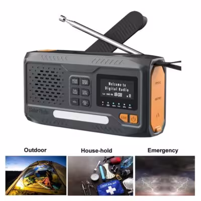 Portable solar-powered radio with DAB/FM, Bluetooth and LED flashlight