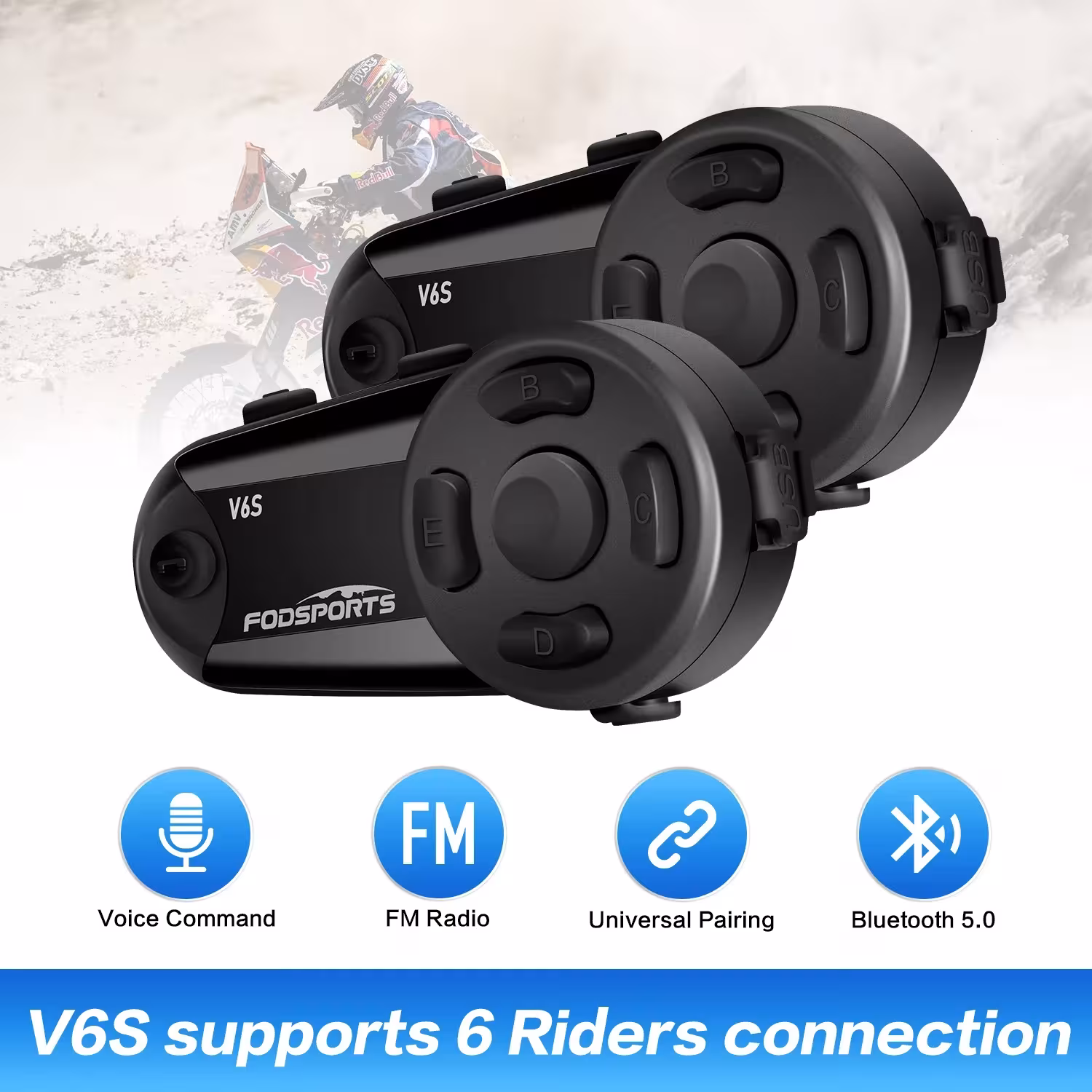 Fodsports V6S interfono per casco da moto Bluetooth 6 motociclisti 1000m