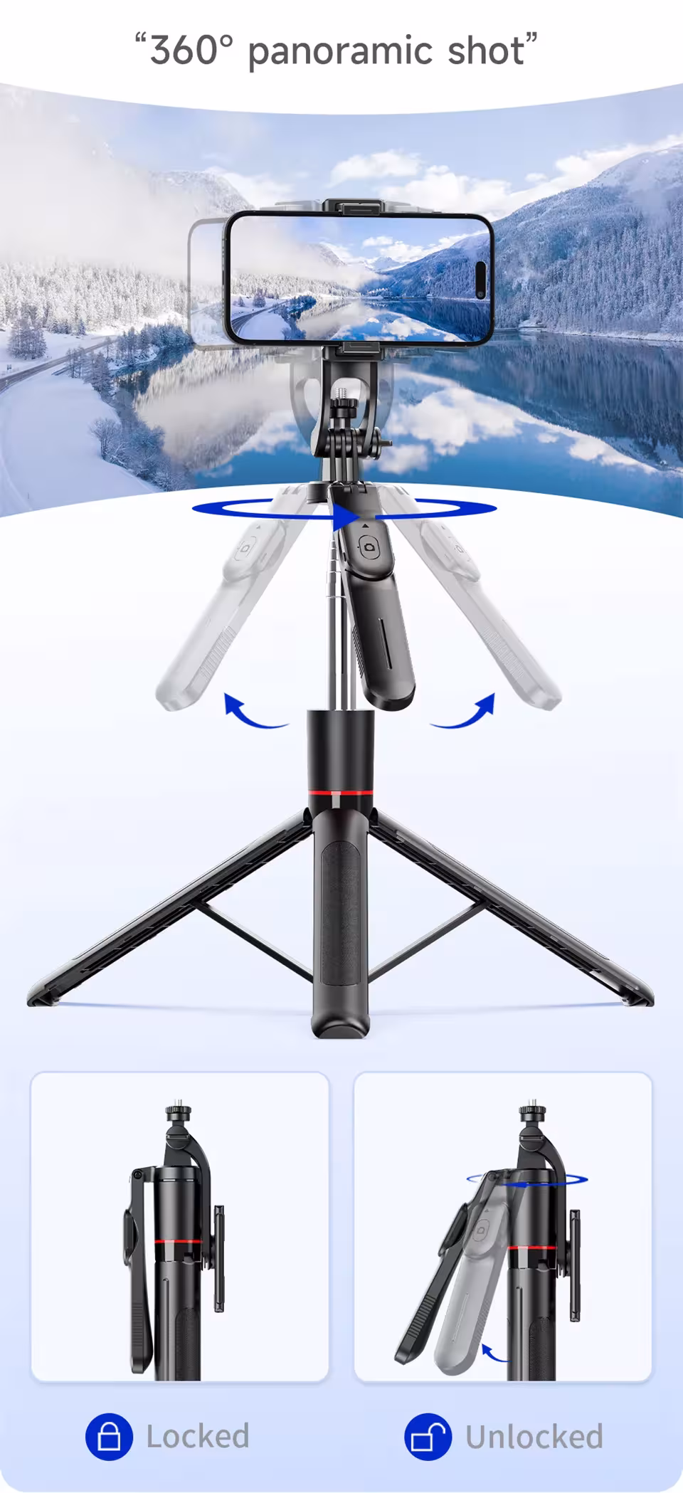 selfie stick tripod su žibintuvėliu
