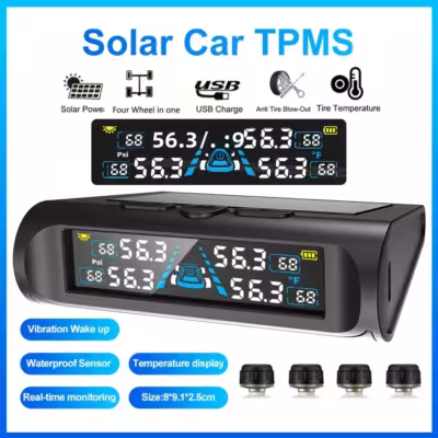 USB Solar TPMS temperatūros monitorius su 4 išoriniais jutikliais LCD ekranu automobiliui
