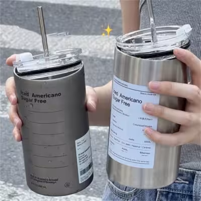 Termo de 600ml Taza de café portátil de acero inoxidable con pajita aislada