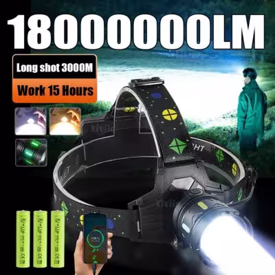 Powerful LED flashlight with white and yellow light, 3 km range