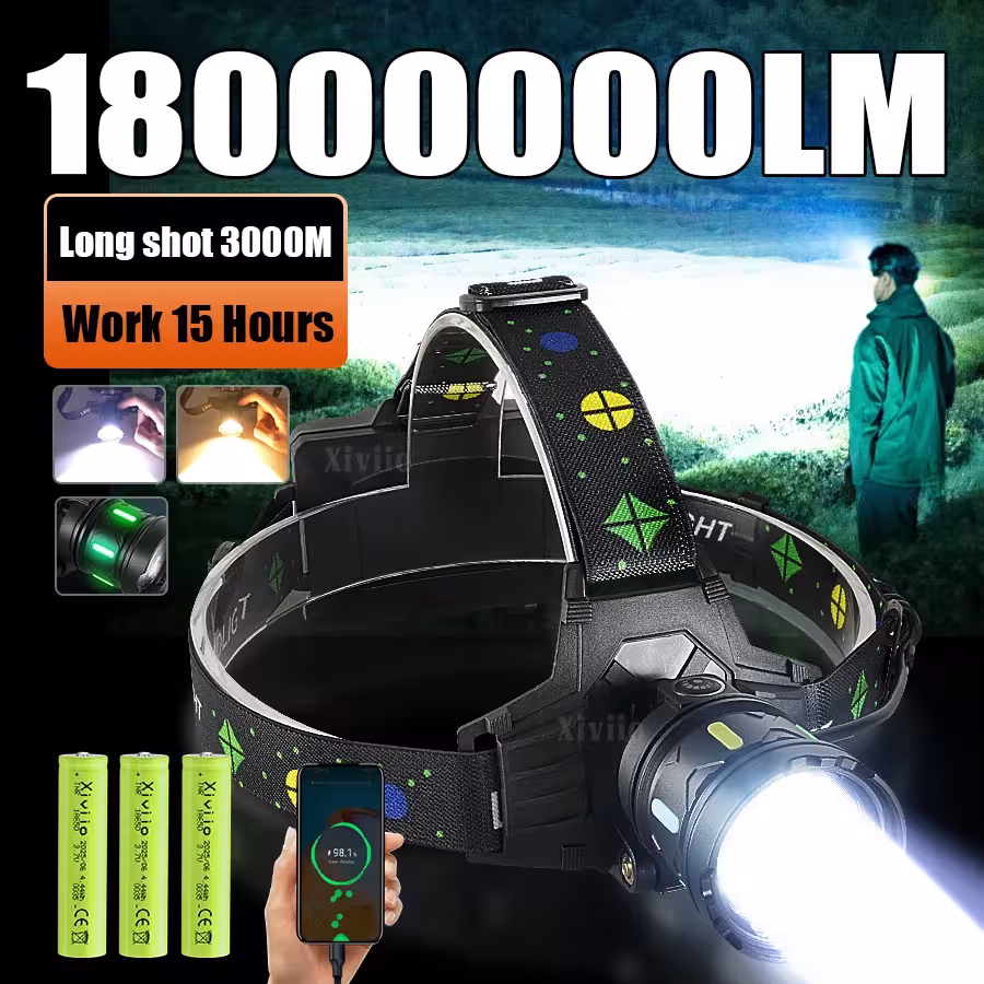 Powerful LED flashlight with white and yellow light, 3 km range