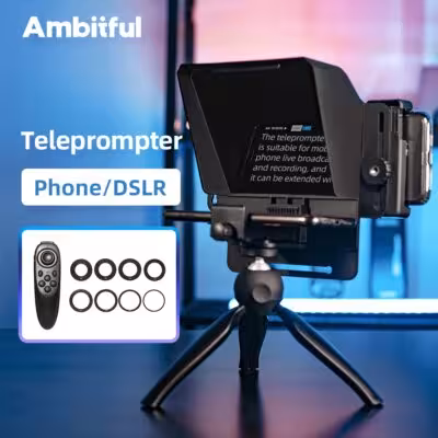 Teleprompter AMBITFUL T1 Mini para teléfono y cámara DSLR con control remoto