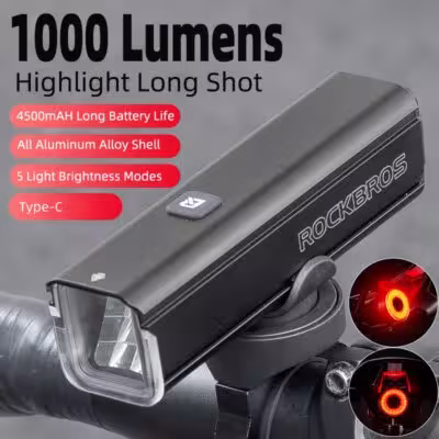 ROCKBROS 1000LM vélo avant lampe LED Type- C 4500mAh rechargeable