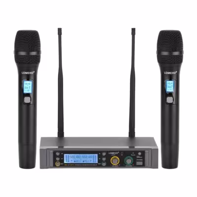 LOMEHO Système de microphone sans fil en métal 2X380 fréquences pour DJ, karaoké et église