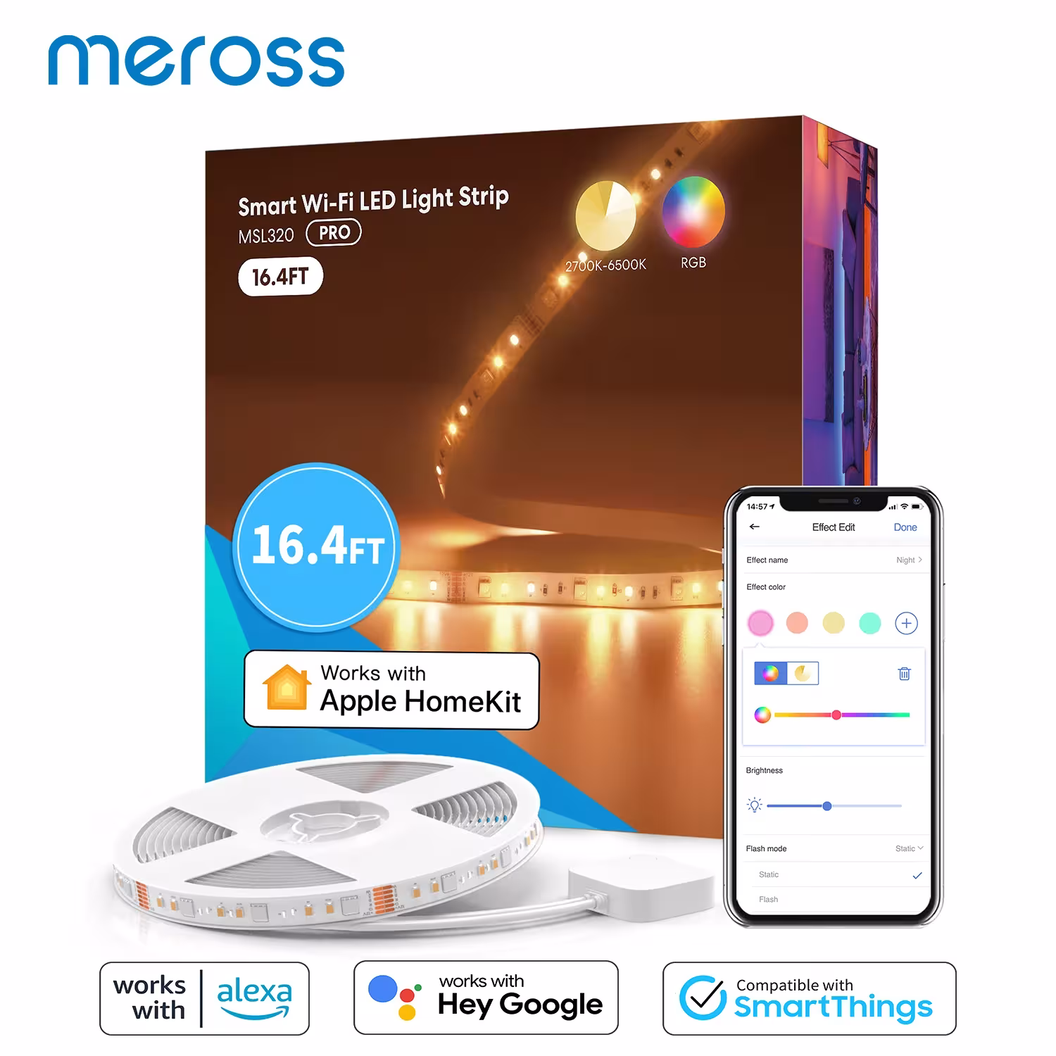 Ruban LED intelligent Meross HomeKit WiFi RGBWW 5M 18W