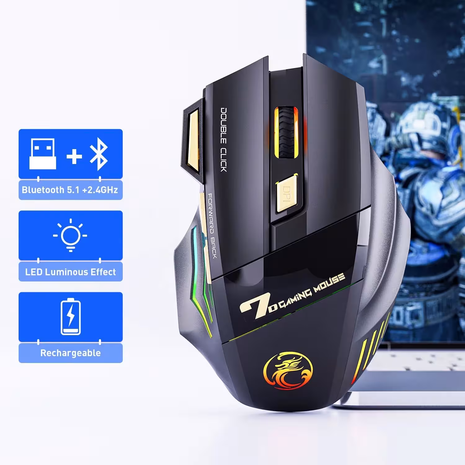 Souris de jeu sans fil IMICE GW-X7 3200DPI double mode USB Bluetooth LED