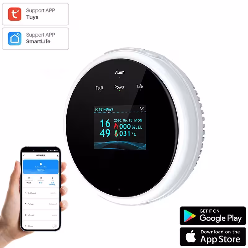 Tuya WiFi dujų nutekėjimo detektorius su temperatūros funkcija ir LCD ekranu