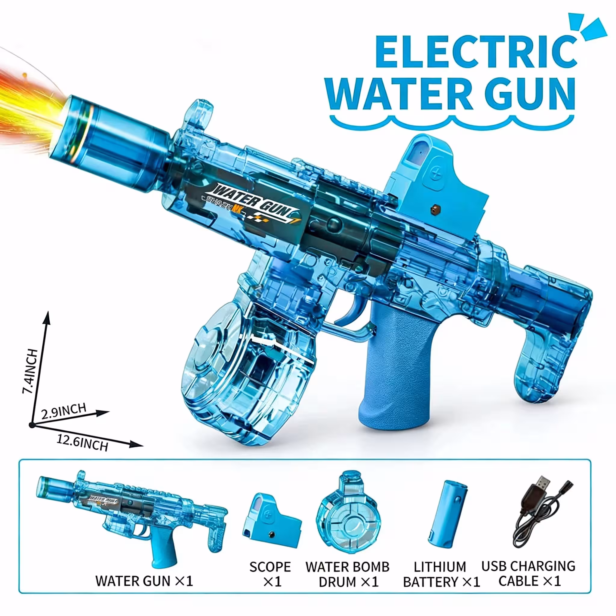 Pistolet à eau électrique avec simulation de tir et de recul, lumières LED