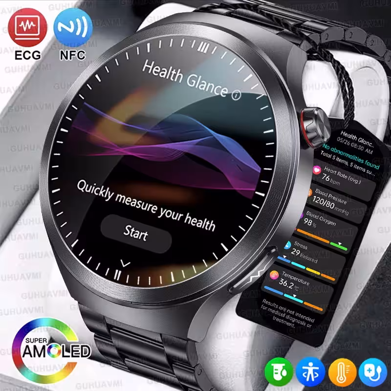 Horloge intelligente avec compteur de fréquence cardiaque en verre safiro ECG PPG