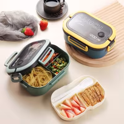 Double lunch box with microwaveable forks and spoons