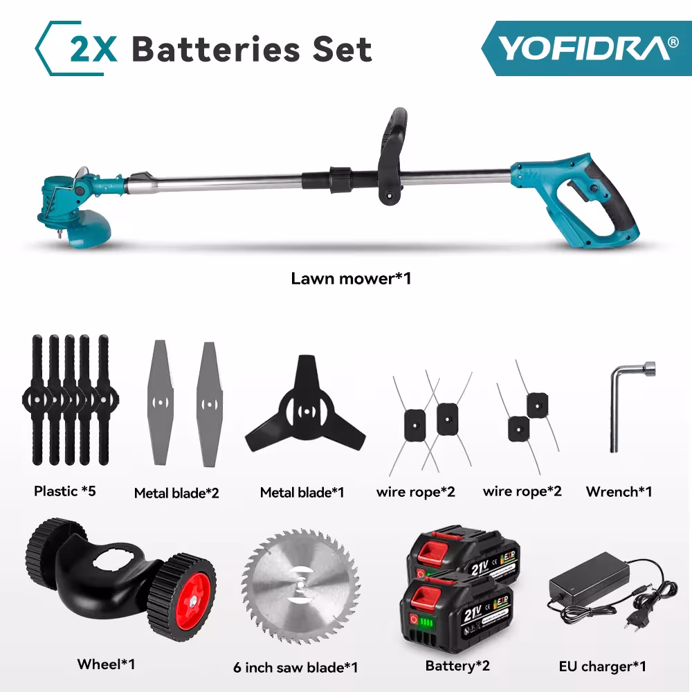 YOFIDRA 1500W elektrinė žoliapjovė be laido su teleskopine rankena 21V