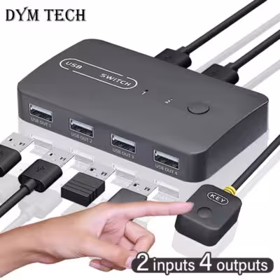 USB KVM jungiklis 2 įėjimai 4 išėjimai klaviatūrai pelei spausdintuvui