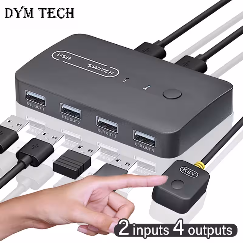 USB KVM jungiklis 2 įėjimai 4 išėjimai klaviatūrai pelei spausdintuvui