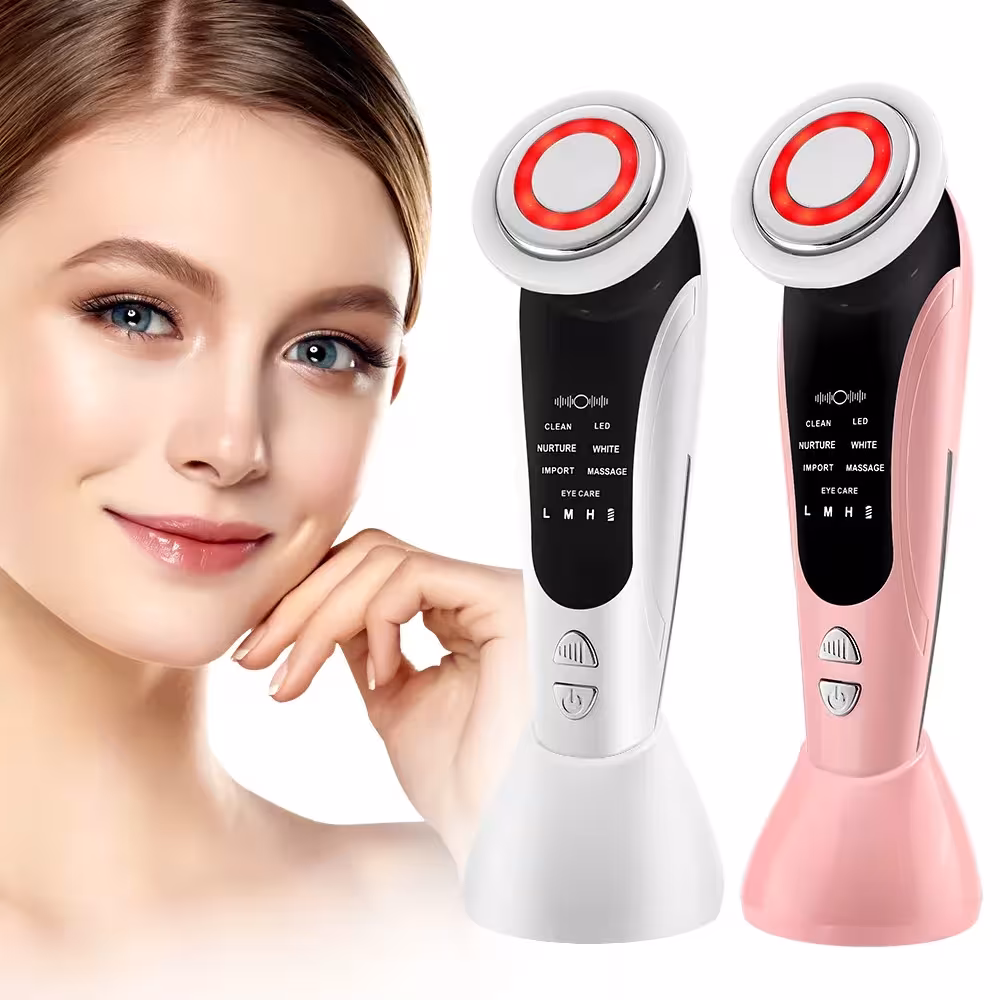 EMS facial massager with LED light therapy and hot compress