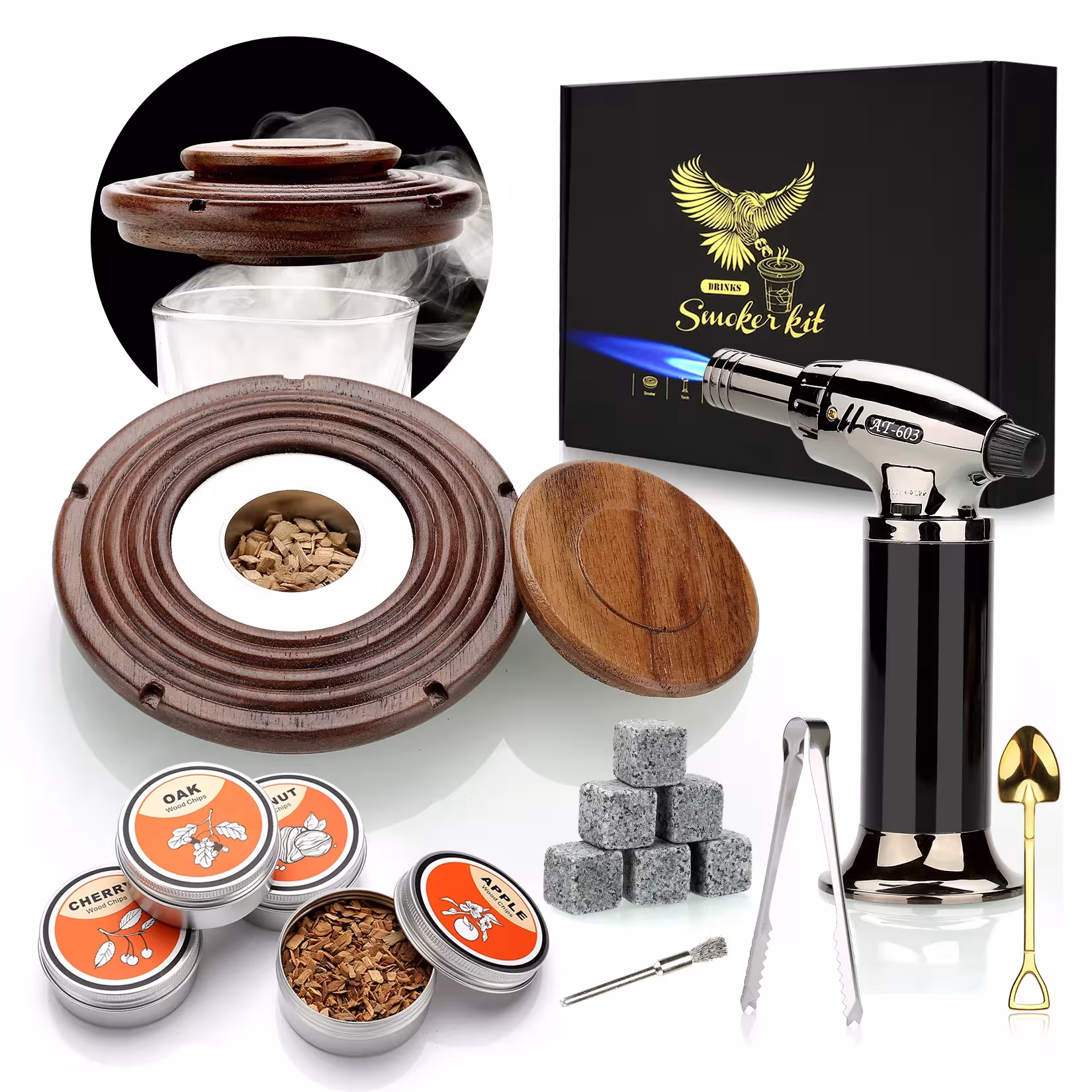 Cocktail Juego de Fumadores con linterna 4 Madera tallando piedras Whisky