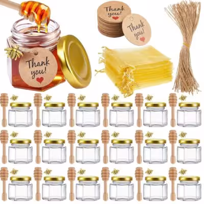 Mini pots à miel avec couvercles dorés, breloques abeilles et sacs cadeaux 12/24 pièces