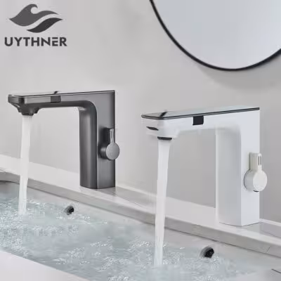 Mitigeur de salle de bain Smart Sensor chromé blanc avec écran numérique pour eau chaude et froide