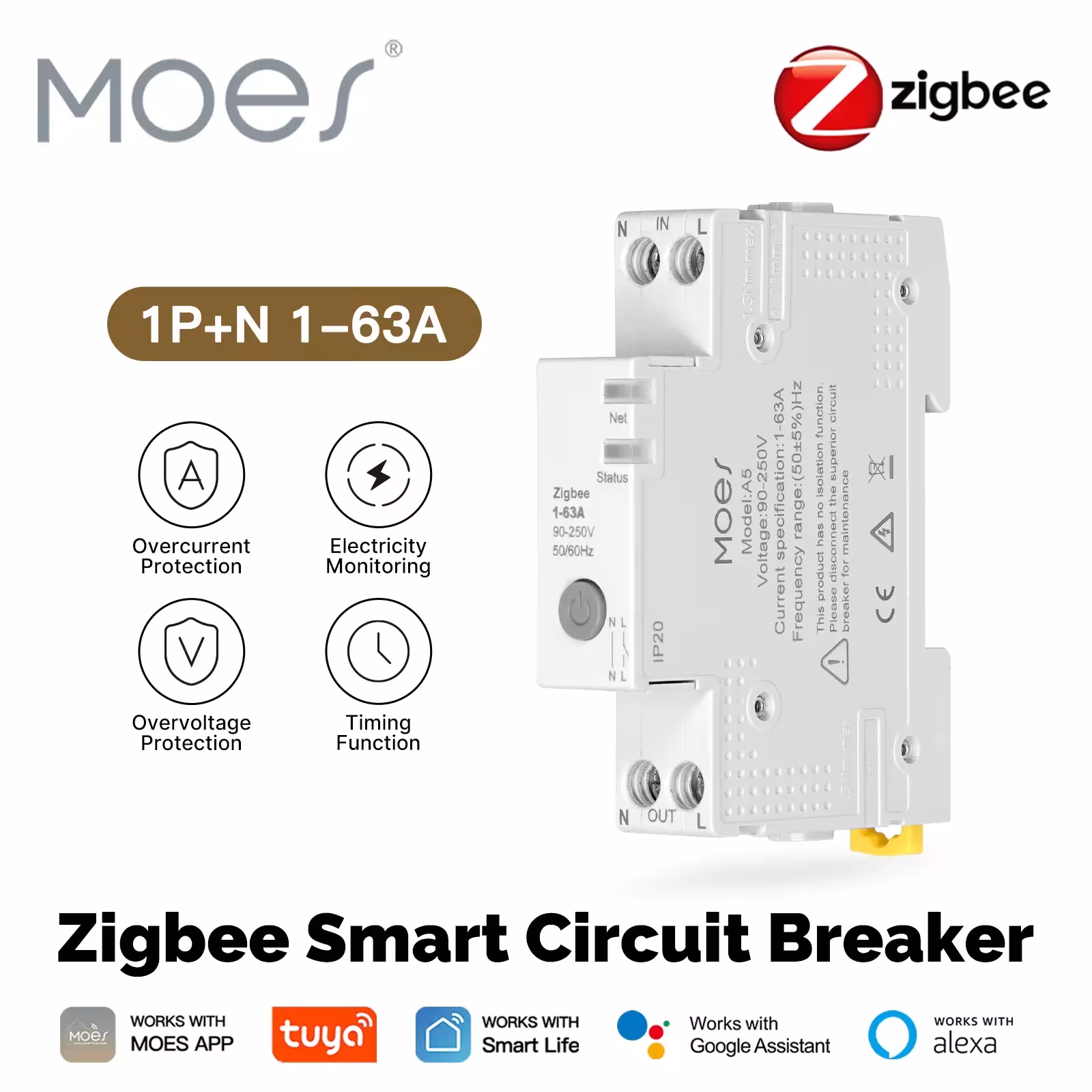 MOES Tuya Zigbee Išmanusis Grandinės Pertraukiklis 63A su Elektros Stebėjimu ir Ugniavardžiu