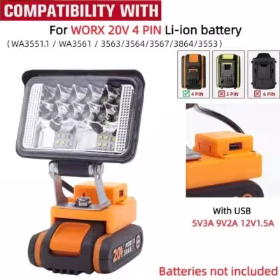 Nešiojama LED darbo šviesa WORX 20V 4 PIN baterijoms su USB įkrova