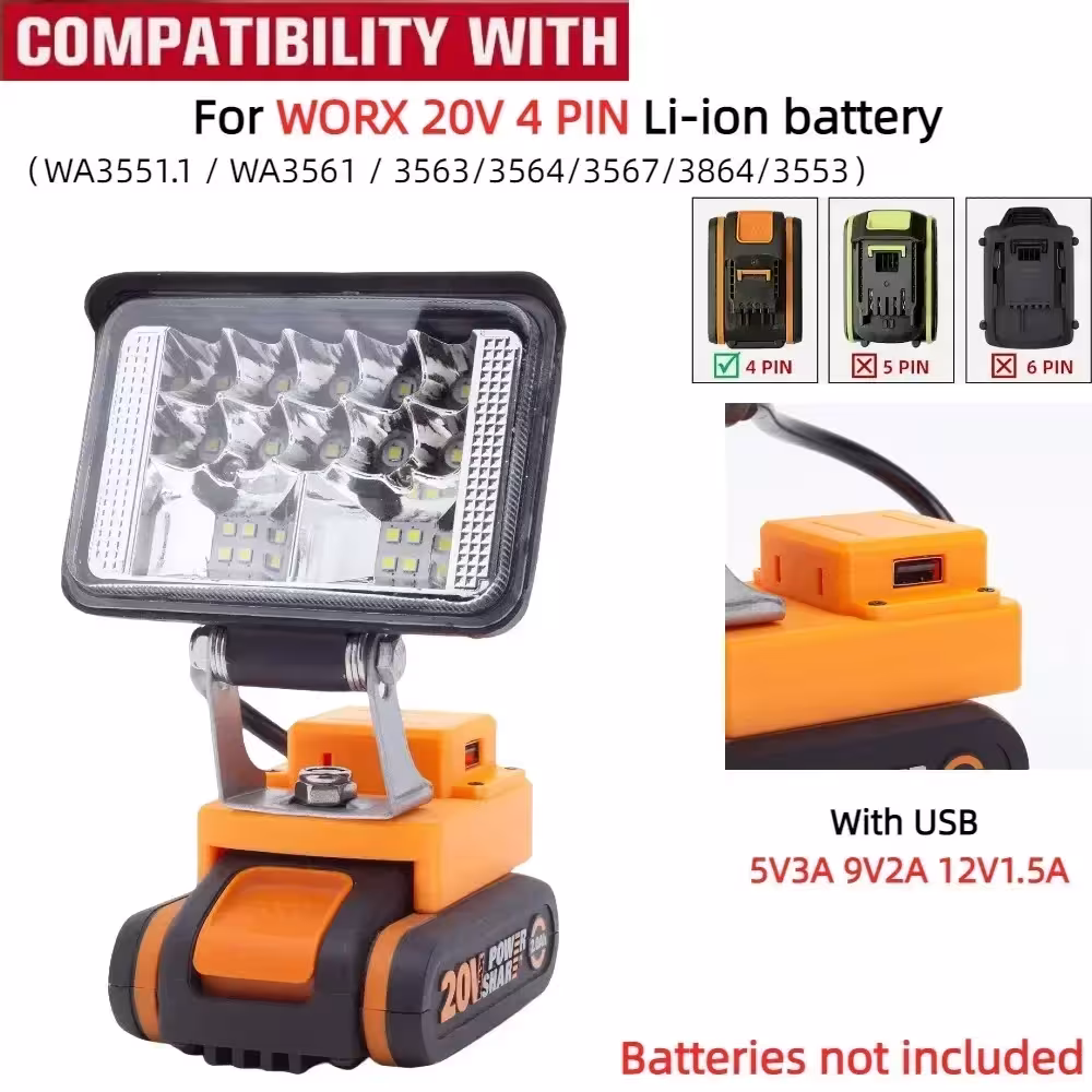 Nešiojama LED darbo šviesa WORX 20V 4 PIN baterijoms su USB įkrova