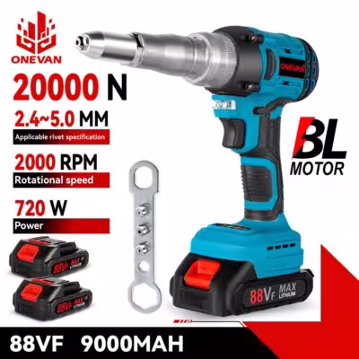ONEVAN 720W 20000N Pistola de remaches eléctrica sin escobillas Herramienta de remachado inalámbrica LED compatible con Makita 18V
