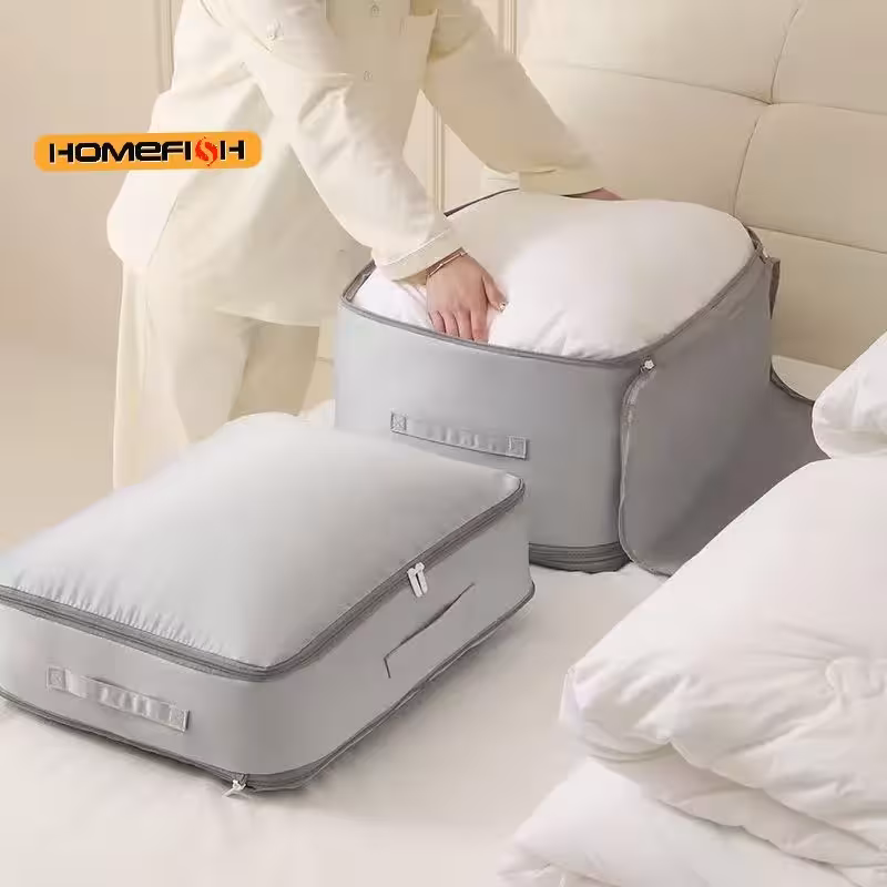 Self-adhesive clothing storage bag organizer for blankets
