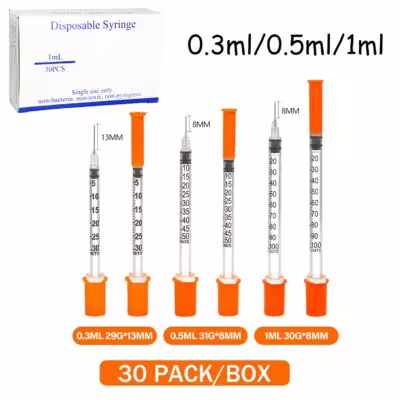 30 siringhe sterili per insulina da 0,3 ml, 0,5 ml e 1 ml per uso veterinario.