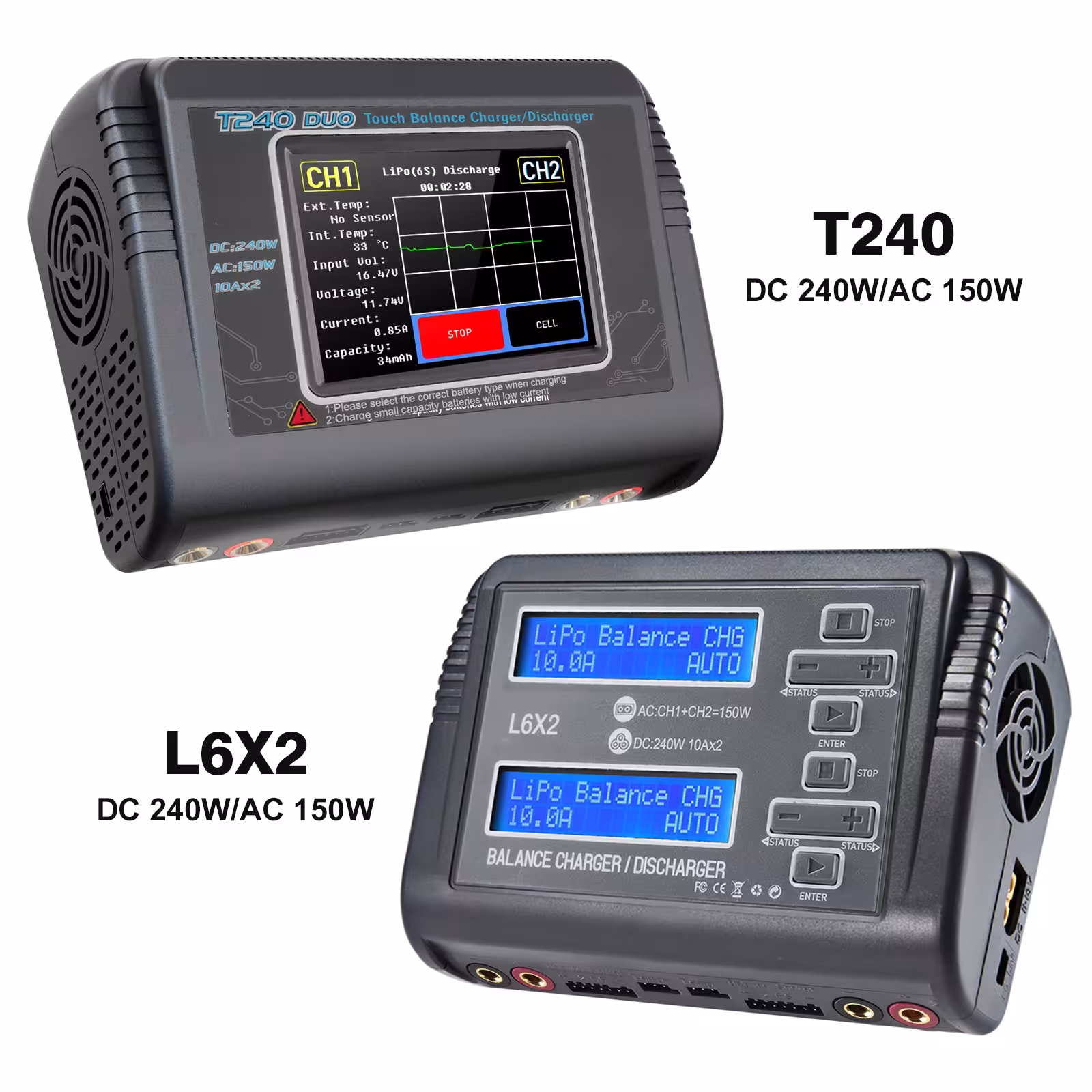 HTRC L6X2 T240 DUO RC įkrautuvas 240W dvigubas kanalas LiPo LiHV LiFe akumuliatoriams