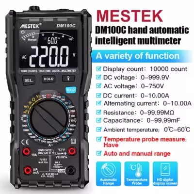Multímetro digital de 9999 cuentas, pantalla LED, temperatura 1000V