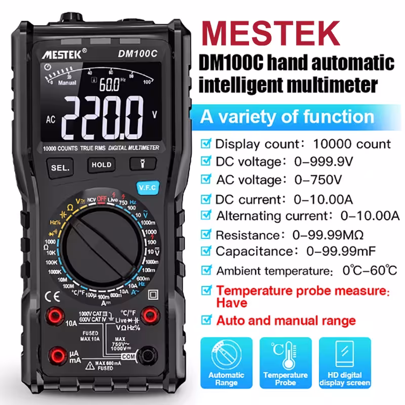 Multimètre numérique 9999 points écran LED température 1000V