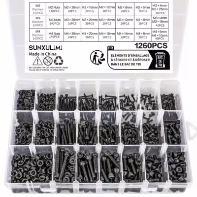 Metric bolt and nut set 1260 pcs. M2-M4 sizes, class 12.9 alloy steel with case