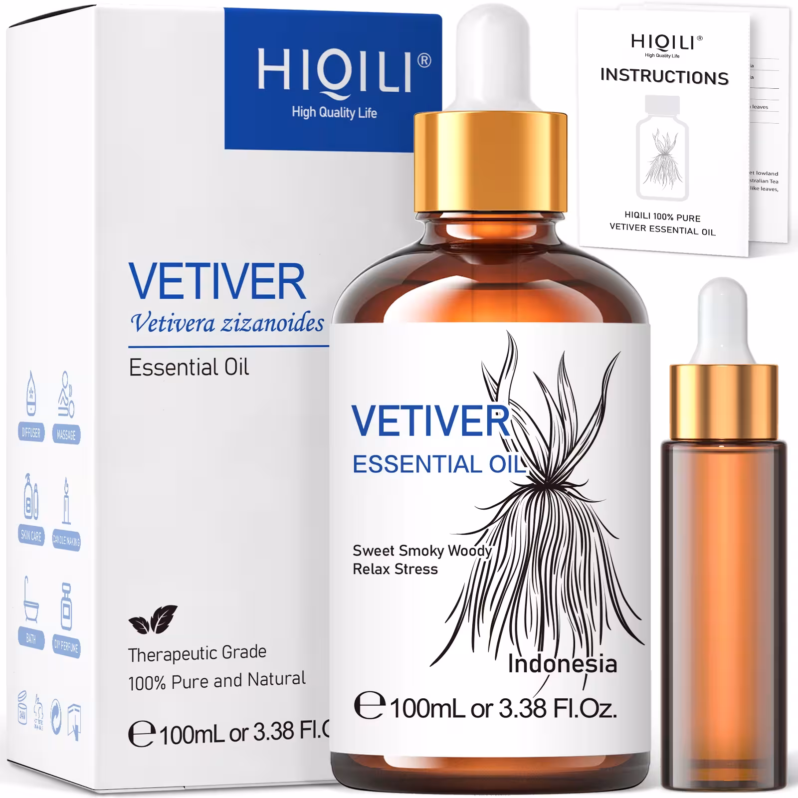 HIQILI 100ML Vetiverio eterinis aliejus 100% grynai natūralus aromaterapijai