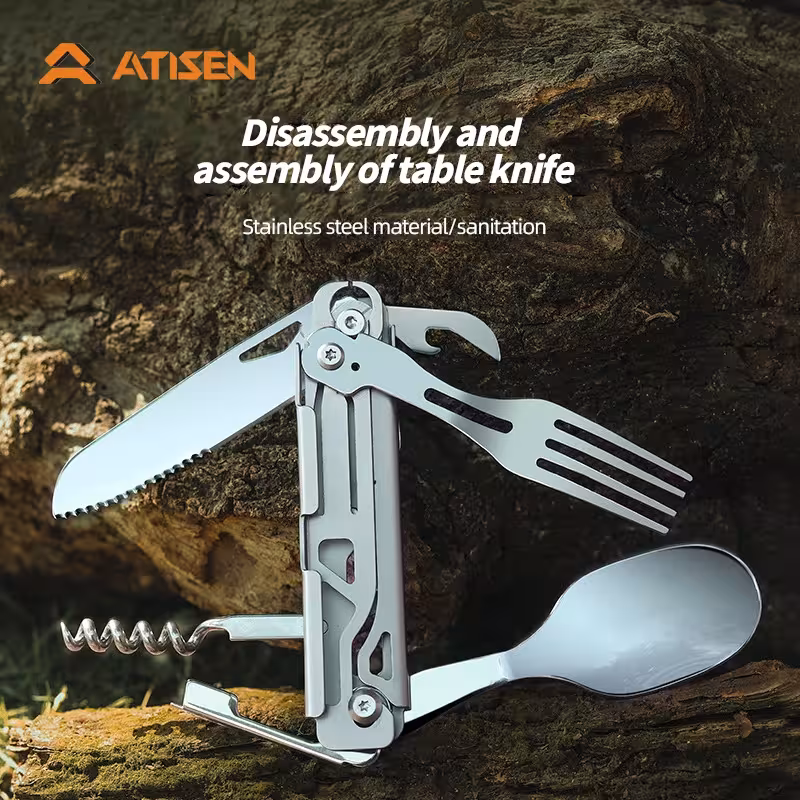 Universal stainless steel outdoor cutlery tool with saw and card holder