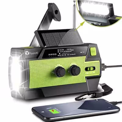 Portable radio with flashlight and solar battery
