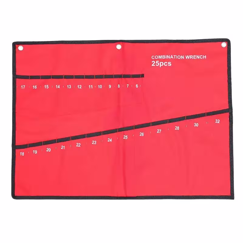 Bolsa de almacenamiento para herramientas con 25 compartimentos, plegable, de tela, color rojo, cómoda de transportar y guardar.