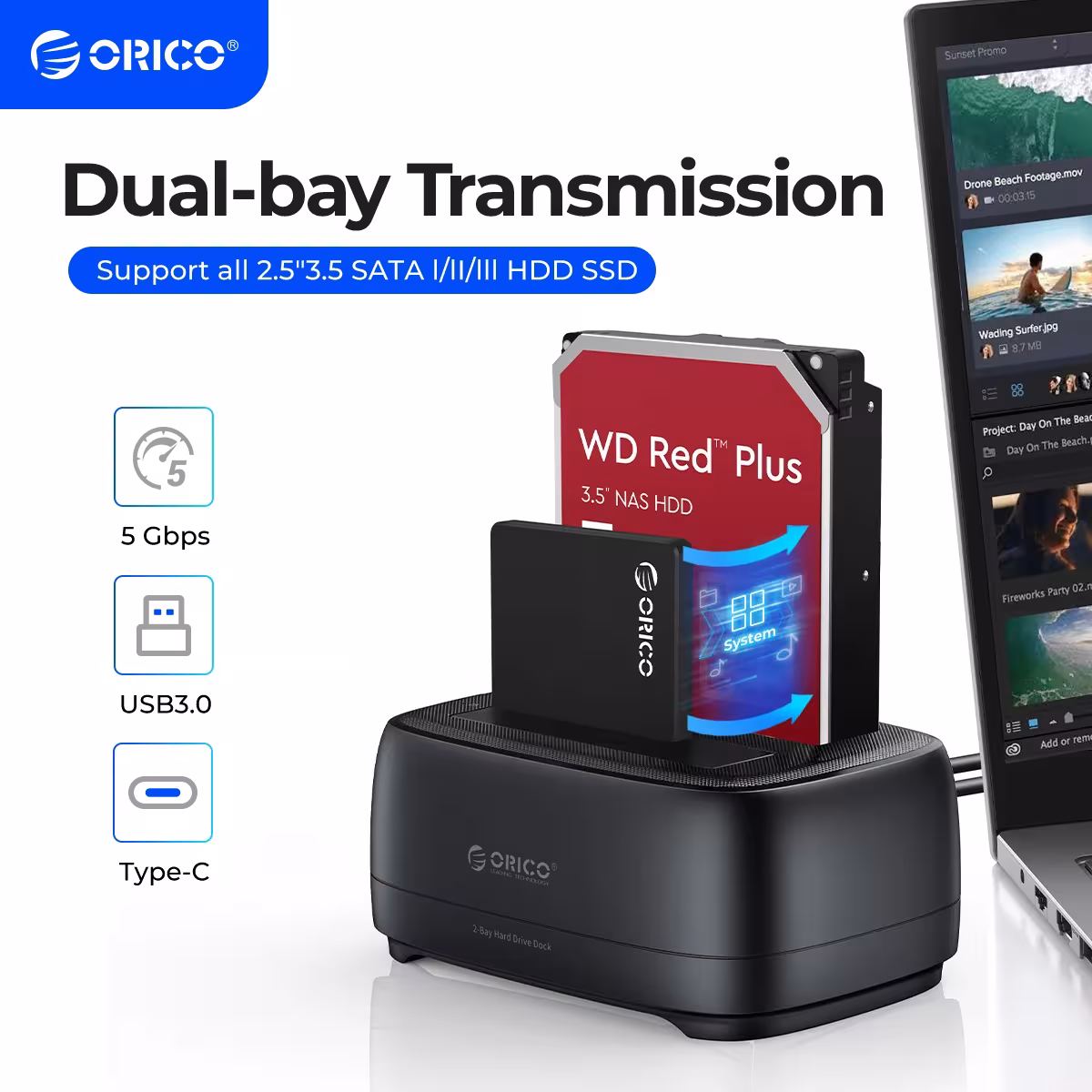 ORICO dvigubos atminties stoties USB3.0 5Gbps Type-C kietajam diskui