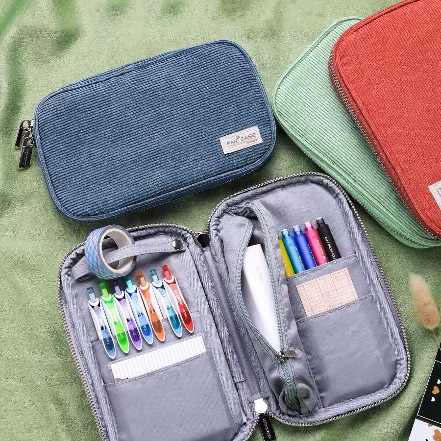Kokuyo Corduroy Pan Case Flat Open Multi Pocket Pen Pencil Bag Storage Pouch Handbag F7025